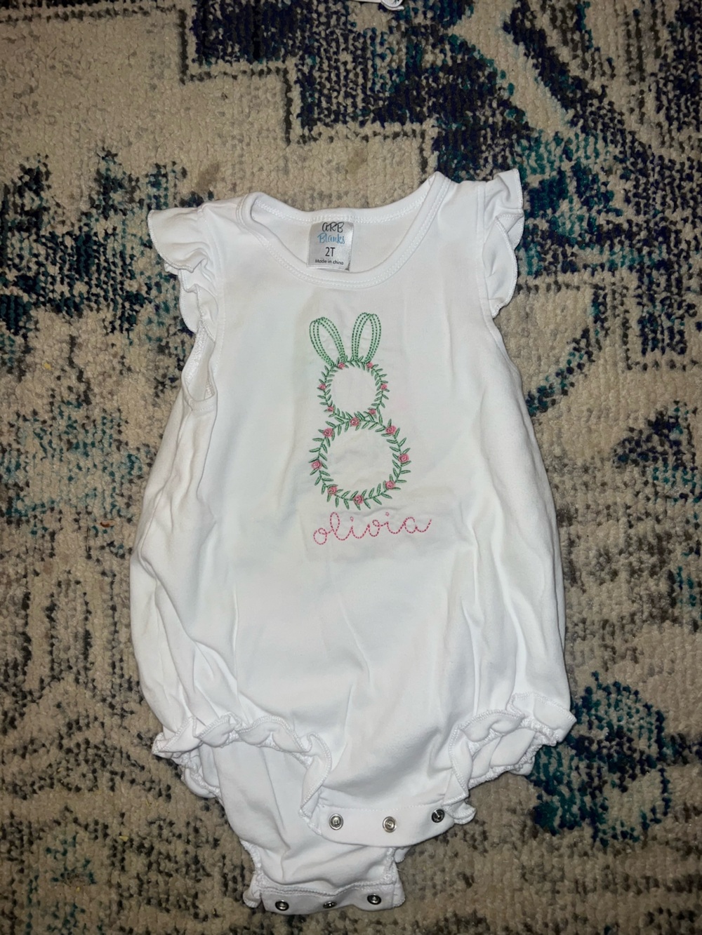 White Baby Onesie with Floral Bunny Applique